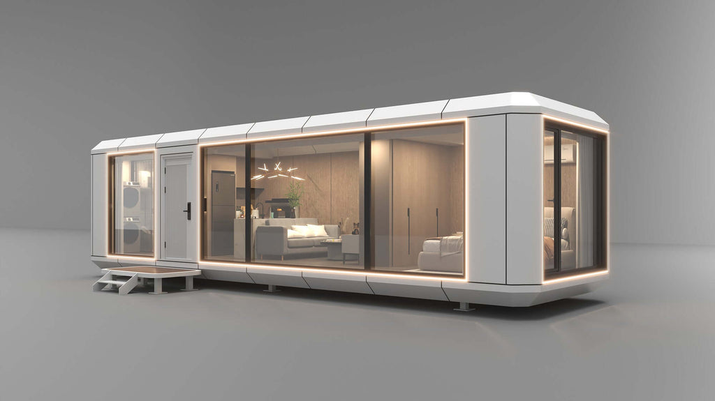 Luxury portable mobile capsule house with modern design and large windows, showcasing a futuristic interior.