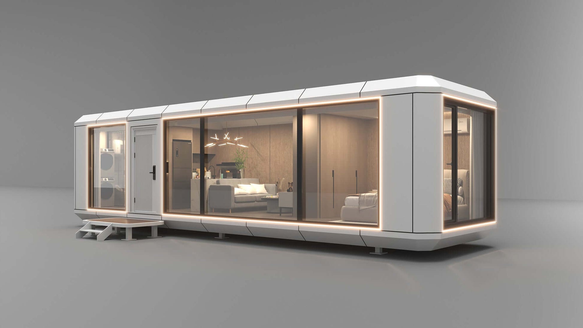 Luxury portable mobile capsule house with modern design and large windows, showcasing a futuristic interior.