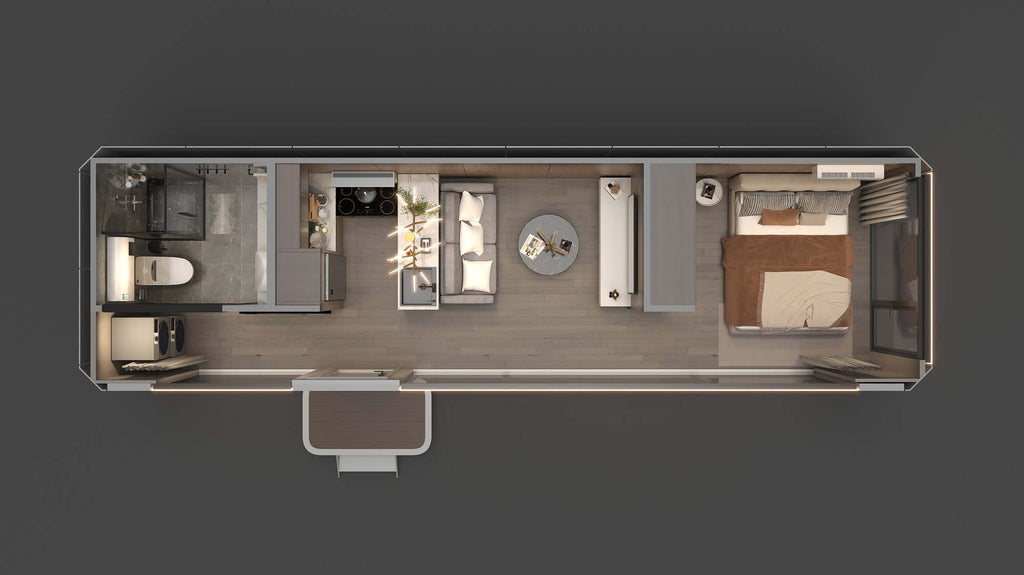 Luxury portable mobile capsule house interior layout with modern kitchen, living room, and cozy bedroom.