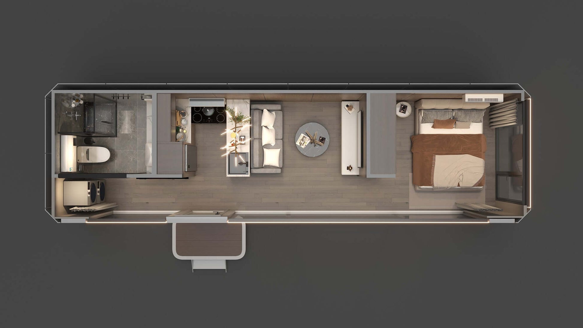 Luxury portable mobile capsule house interior layout with modern kitchen, living room, and cozy bedroom.