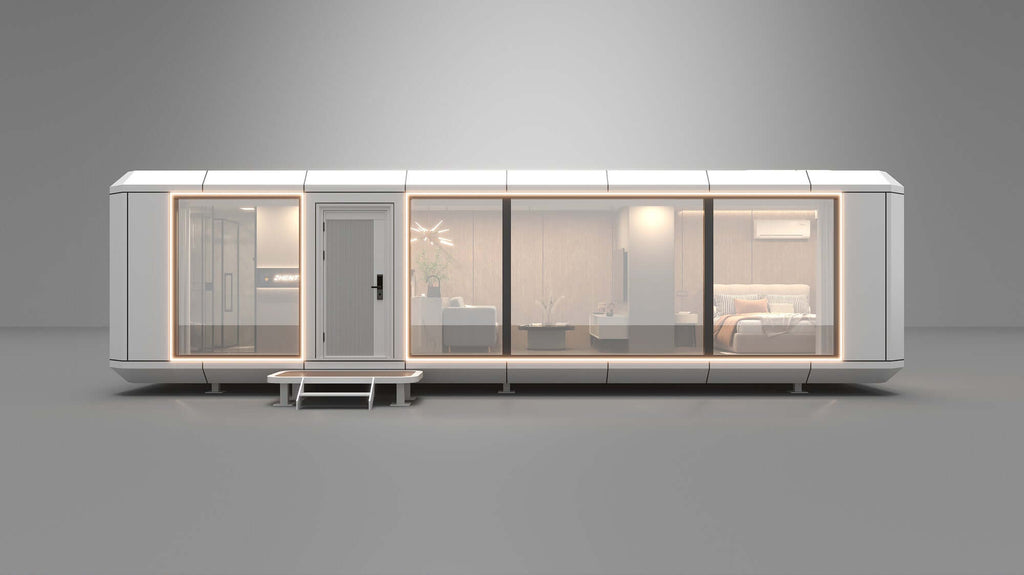 Luxury portable mobile capsule house showcasing a sleek, futuristic design with large windows and modern interior.