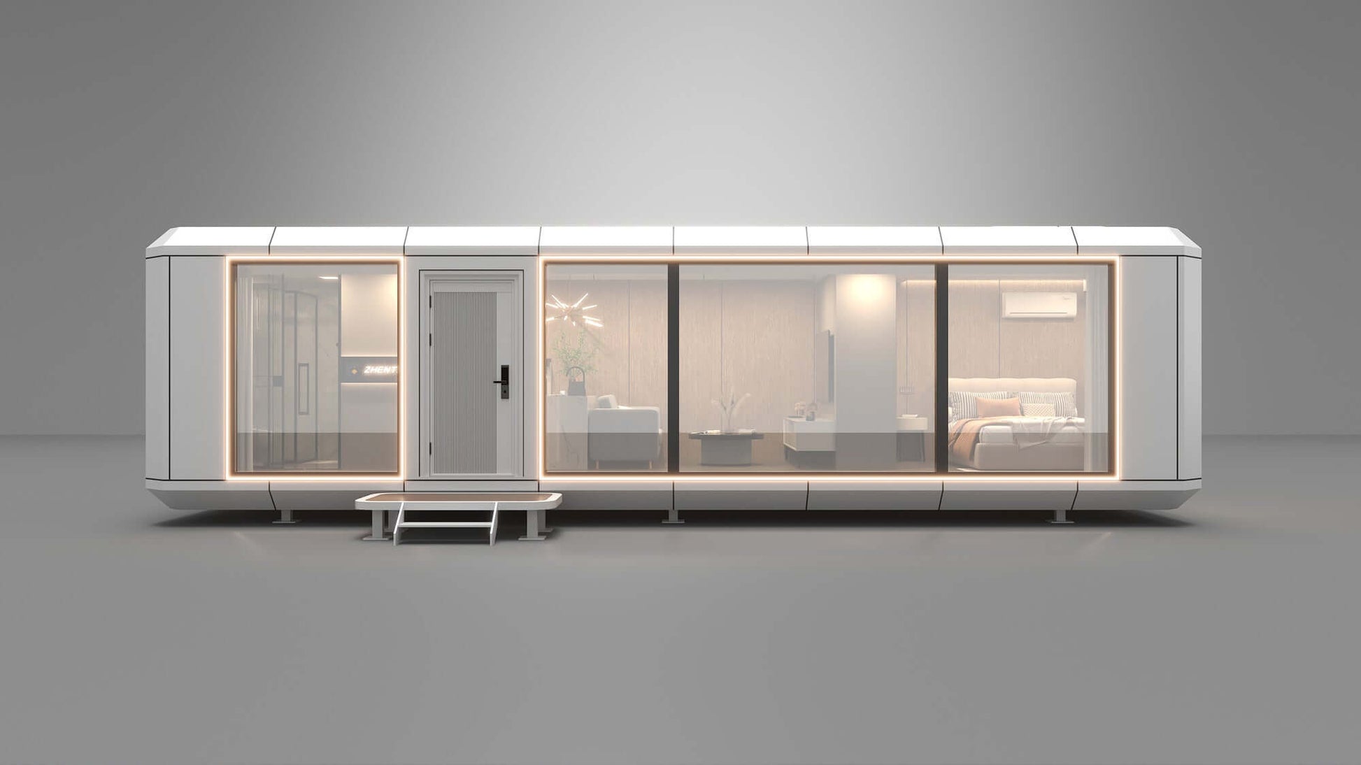 Luxury portable mobile capsule house showcasing a sleek, futuristic design with large windows and modern interior.