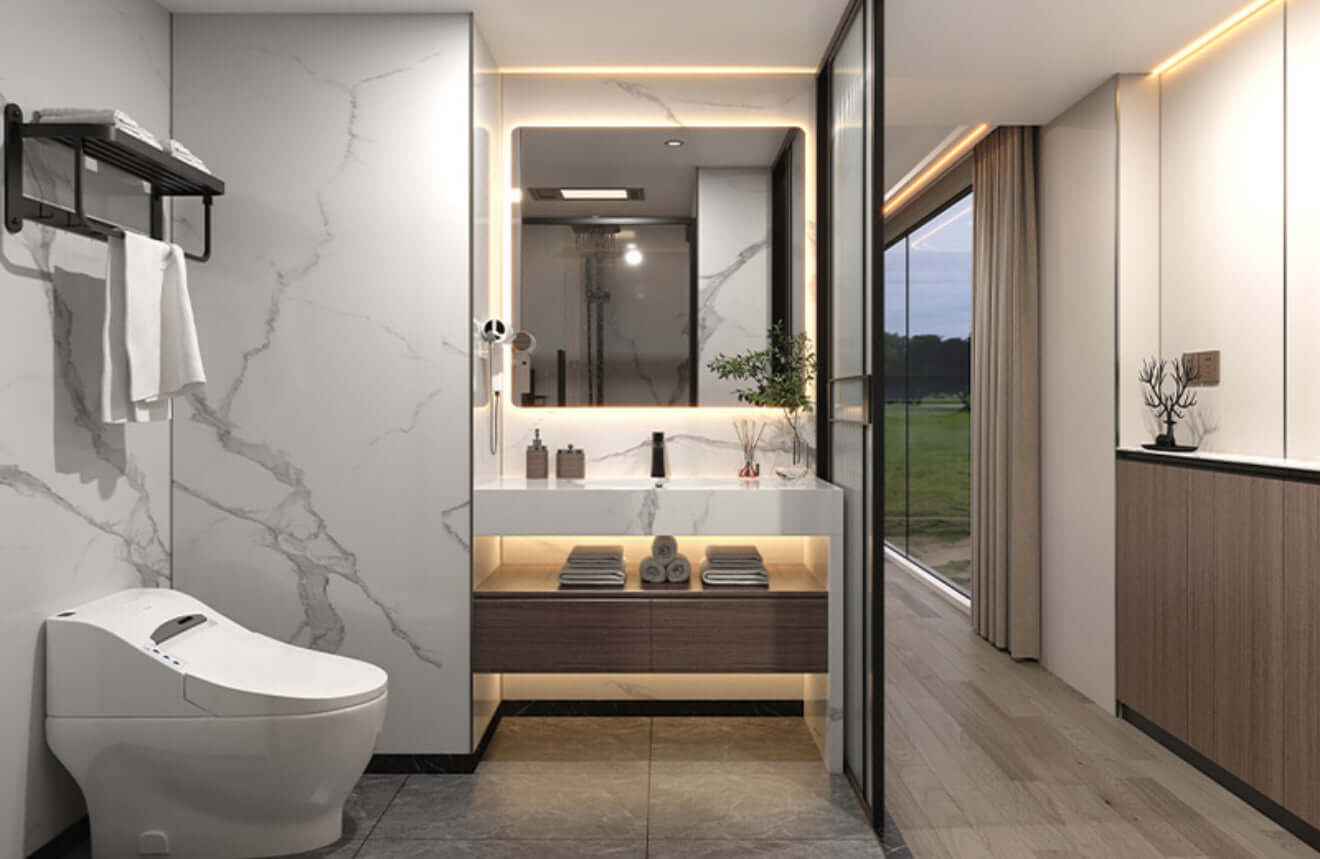 Modern bathroom interior featuring sleek design, marble accents, and stylish fixtures in a luxury mobile capsule house.