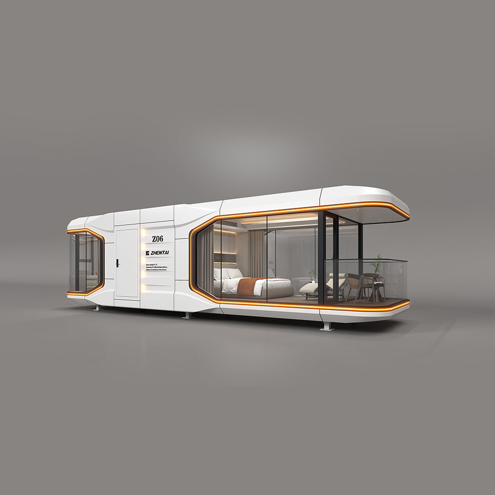 Modern customized mobile capsule house featuring sleek design and large glass windows.